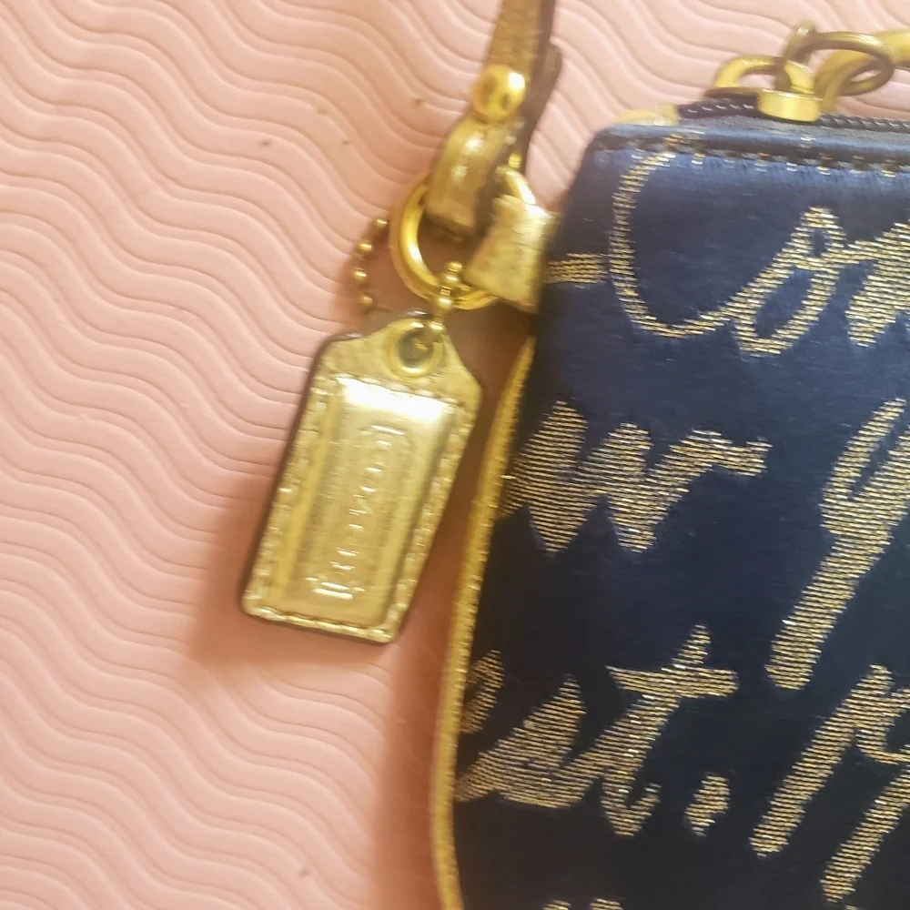 Coach Poppy New York Script Heart Lurex Small Wristlet Navy and Gold